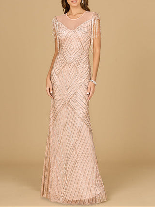 Beaded Fringe Illusion Dress with Cap Sleeves - Glamourous Grace