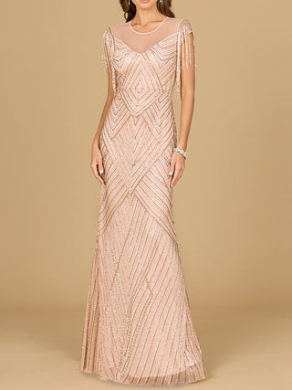 Beaded Fringe Illusion Dress with Cap Sleeves - Glamourous Grace