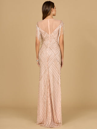 Beaded Fringe Illusion Dress with Cap Sleeves - Glamourous Grace