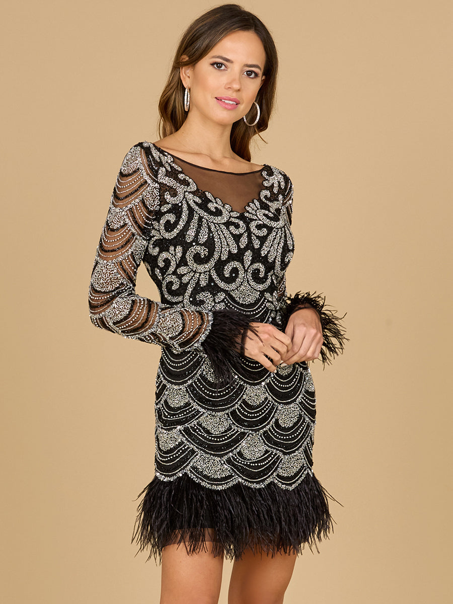 Beaded Short Dress with Feathers and Sleeves - Glamourous Grace