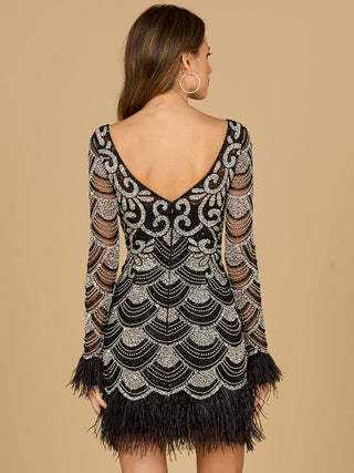 Beaded Short Dress with Feathers and Sleeves - Glamourous Grace