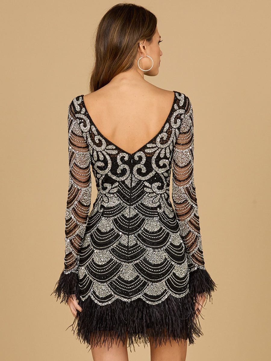 Beaded Short Dress with Feathers and Sleeves - Glamourous Grace