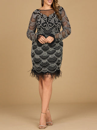 Beaded Short Dress with Feathers and Sleeves - Glamourous Grace