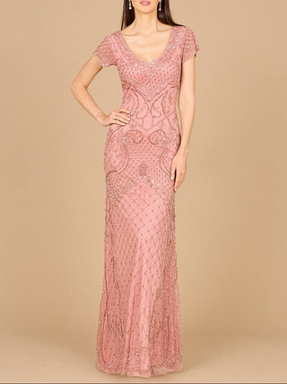 Beaded Cap Sleeve Gown With V-Neckline - OUTLET - Glamourous Grace