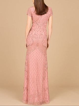 Beaded Cap Sleeve Gown With V-Neckline - OUTLET - Glamourous Grace