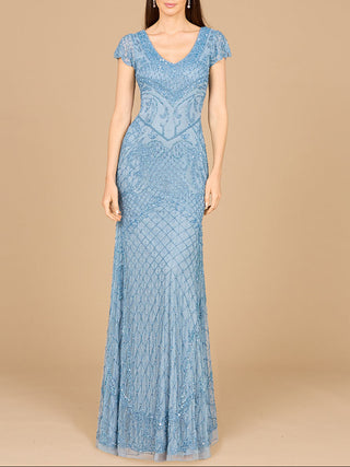 Beaded Cap Sleeve Gown With V-Neckline - OUTLET - Glamourous Grace