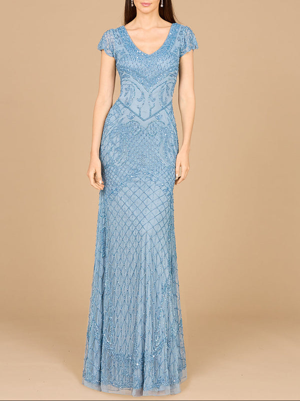 Beaded Cap Sleeve Gown With V-Neckline - OUTLET - Glamourous Grace