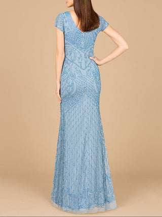 Beaded Cap Sleeve Gown With V-Neckline - OUTLET - Glamourous Grace