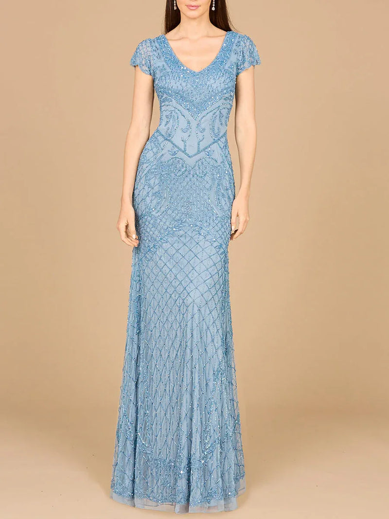 Beaded Cap Sleeve Gown With V-Neckline - OUTLET - Glamourous Grace