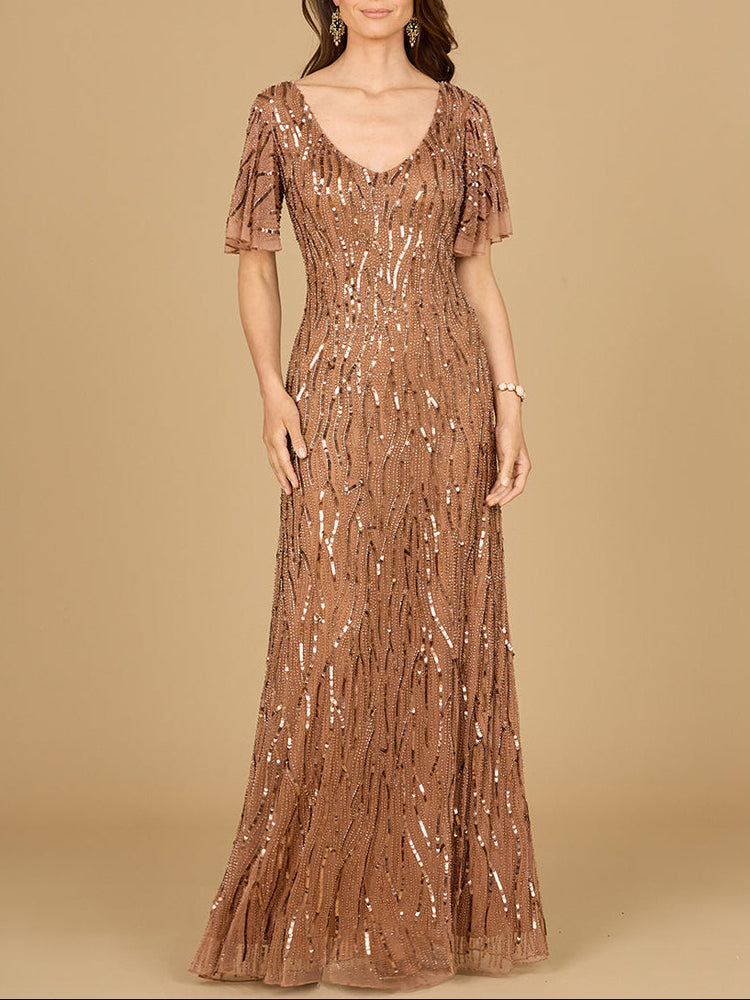 Beaded Gown With Cape Sleeves - Glamourous Grace