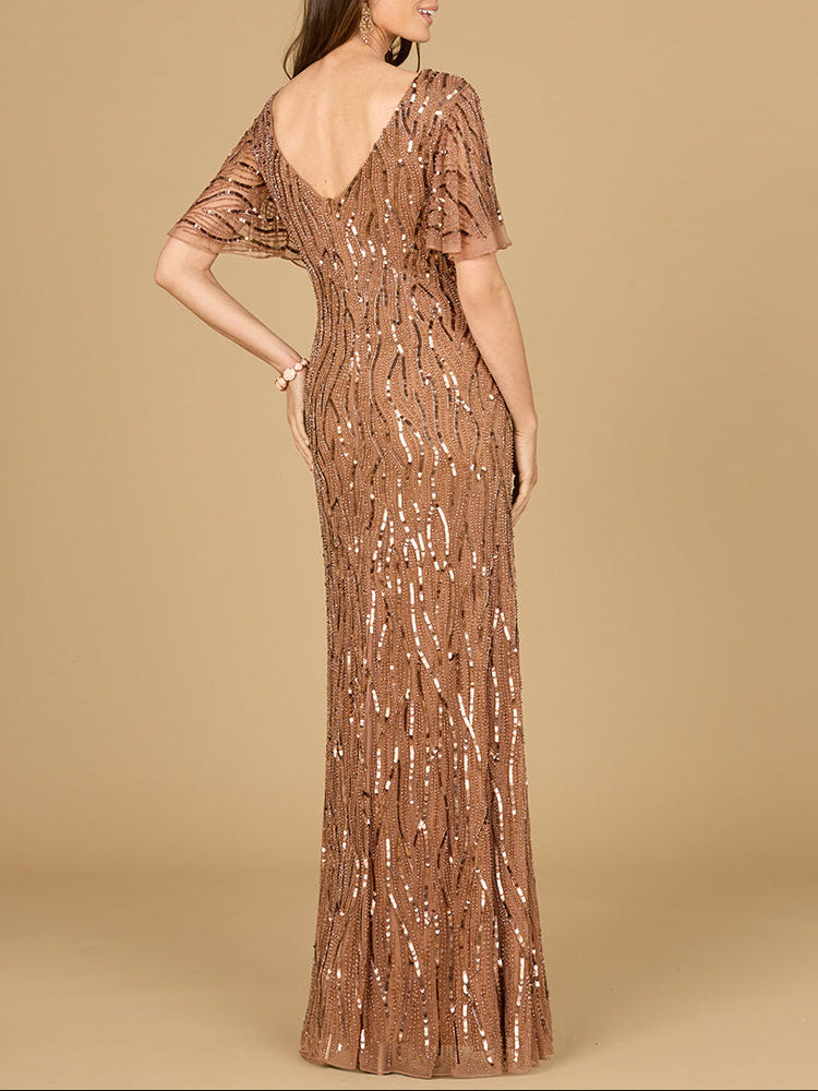 Beaded Gown With Cape Sleeves - Glamourous Grace