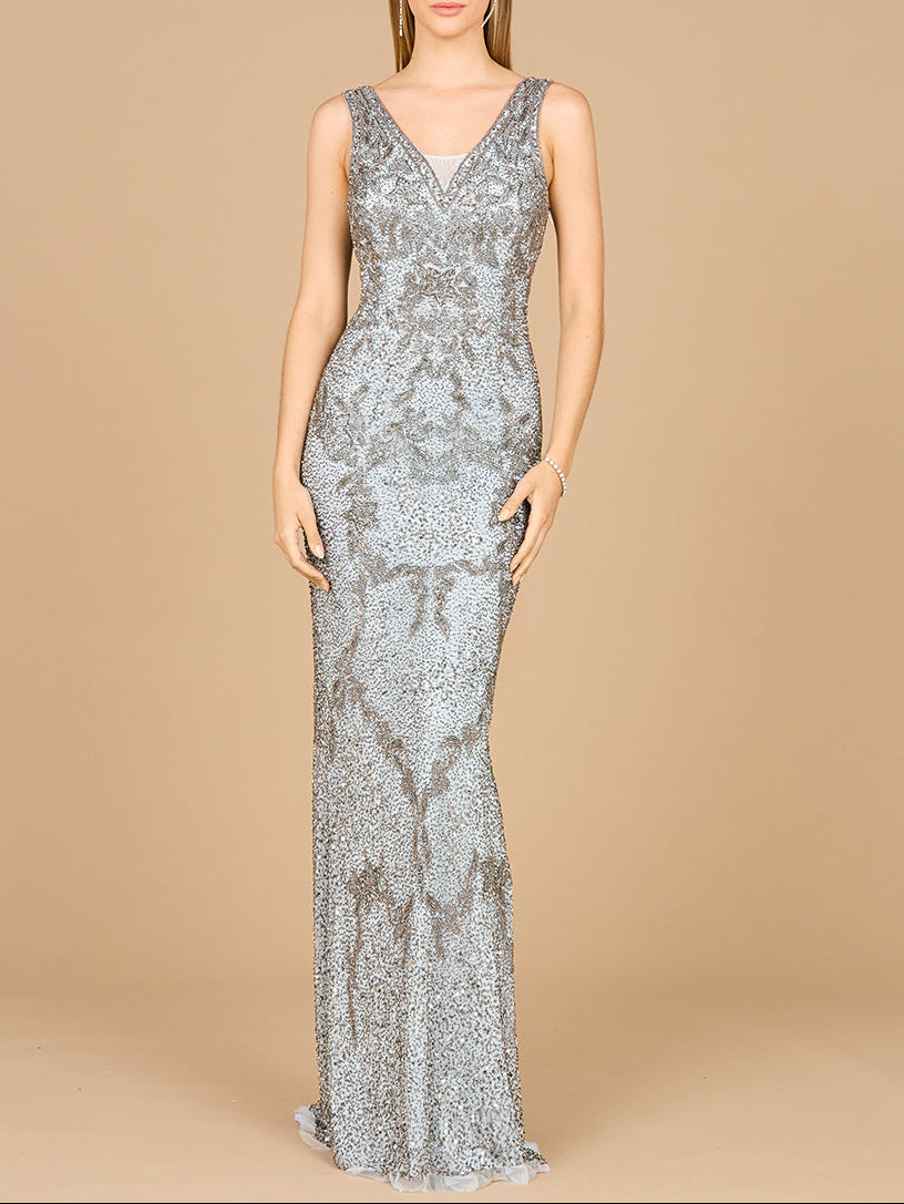 Elegant slate beaded dress with a cowl back by Lara New York, featuring intricate beadwork and a flowing silhouette.