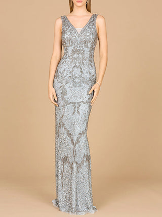 Slate beaded dress with a cowl back by Lara New York, featuring elegant beaded embellishments and a flowing silhouette.