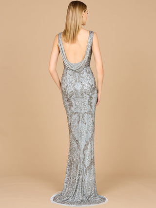 Beaded cowl back dress by Lara New York in slate color, featuring elegant design and intricate bead detailing.