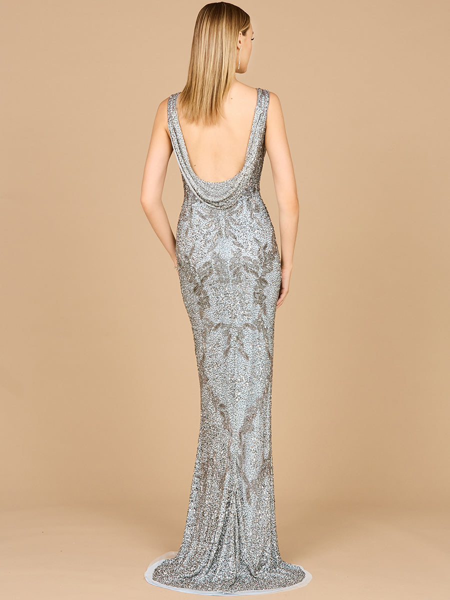 Beaded cowl back dress by Lara New York in slate color, featuring elegant design and intricate bead detailing.