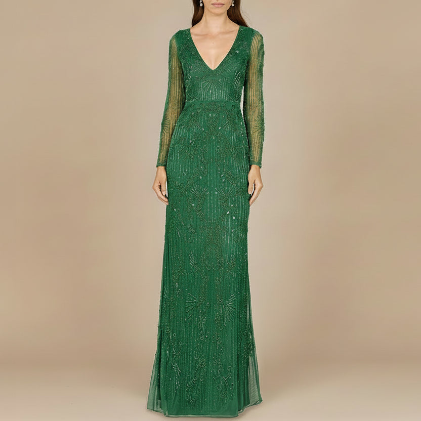Elegant Long Sleeve Beaded Gown  - OUTLET - Glamourous Grace