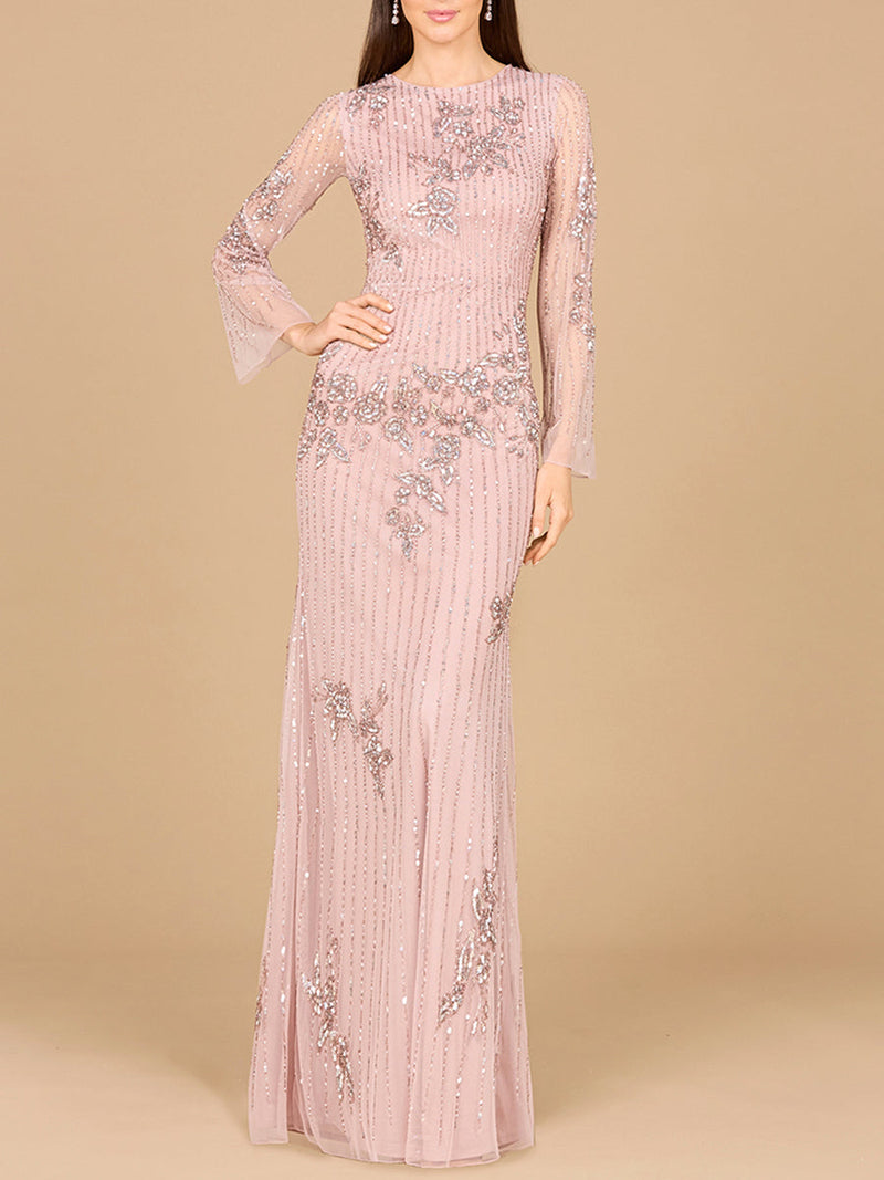 Long Sleeve, High Neck Beaded Gown - OUTLET - Glamourous Grace