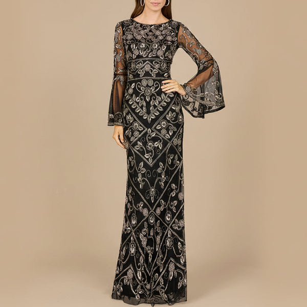 Bell Sleeved High Neck Beaded Gown - Glamourous Grace