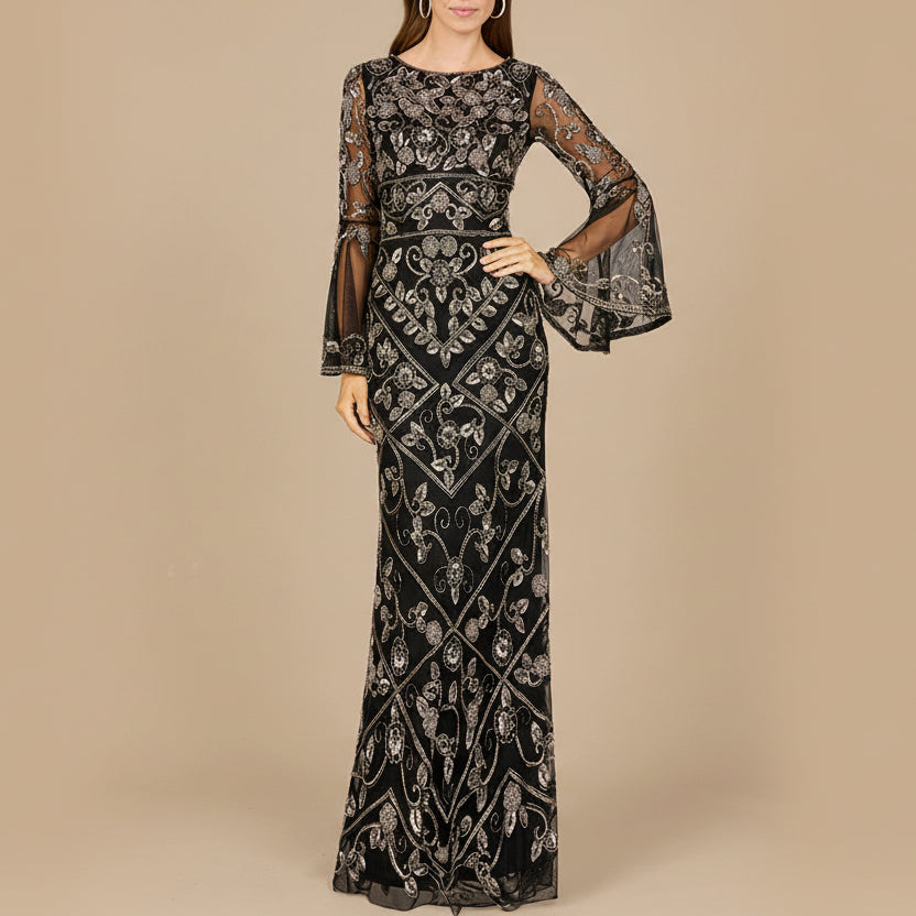 Bell Sleeved High Neck Beaded Gown - Glamourous Grace