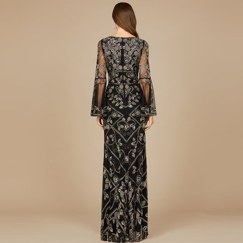 Bell Sleeved High Neck Beaded Gown - Glamourous Grace
