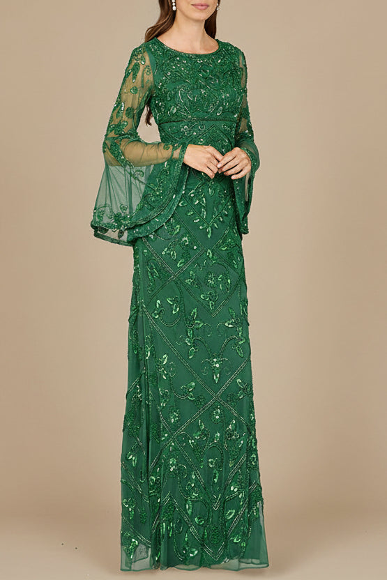 Bell Sleeved High Neck Beaded Gown - Glamourous Grace