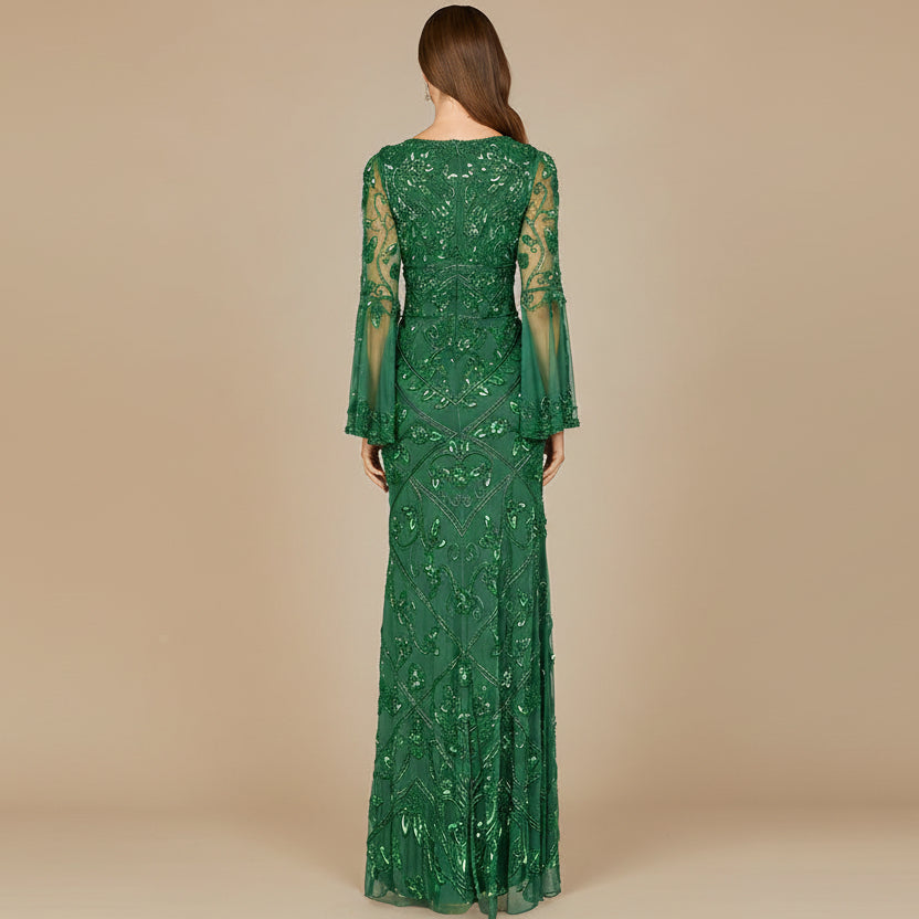 Bell Sleeved High Neck Beaded Gown - Glamourous Grace