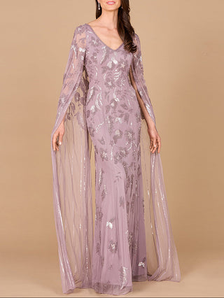 Beaded Sheath Dress with Long Cape - Glamourous Grace
