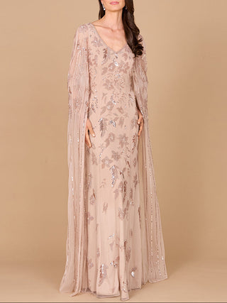 Beaded Sheath Dress with Long Cape - Glamourous Grace