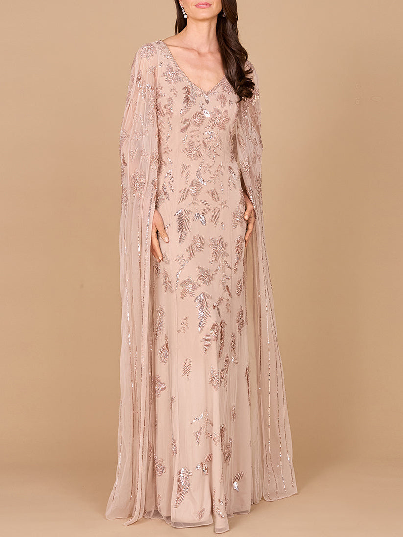 Beaded Sheath Dress with Long Cape - Glamourous Grace