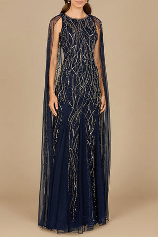 Elegant Beaded Dress with Long Cape - Glamourous Grace