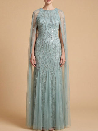 Elegant Beaded Dress with Long Cape - Glamourous Grace