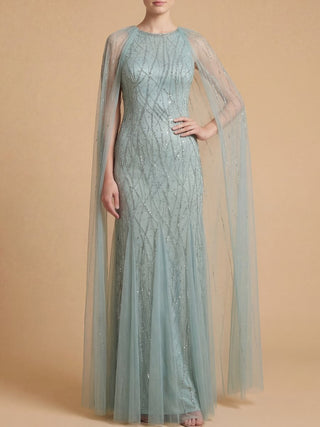 Elegant Beaded Dress with Long Cape - Glamourous Grace