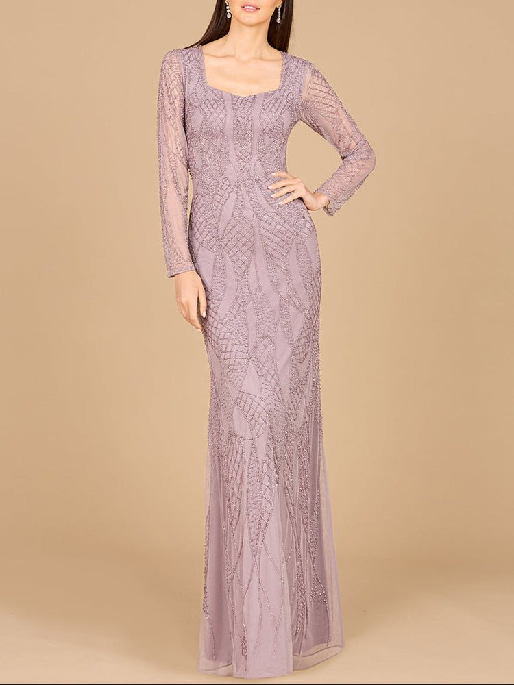 V Neck Beaded Long Sleeve Dress - Glamourous Grace