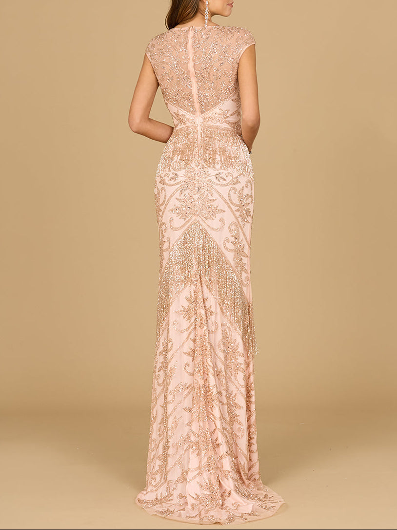 Cap Sleeve Beaded Gown with Fringe | 29098 - Glamourous Grace