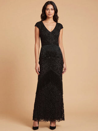 Cap Sleeve Beaded Gown with Fringe | 29098 - Glamourous Grace