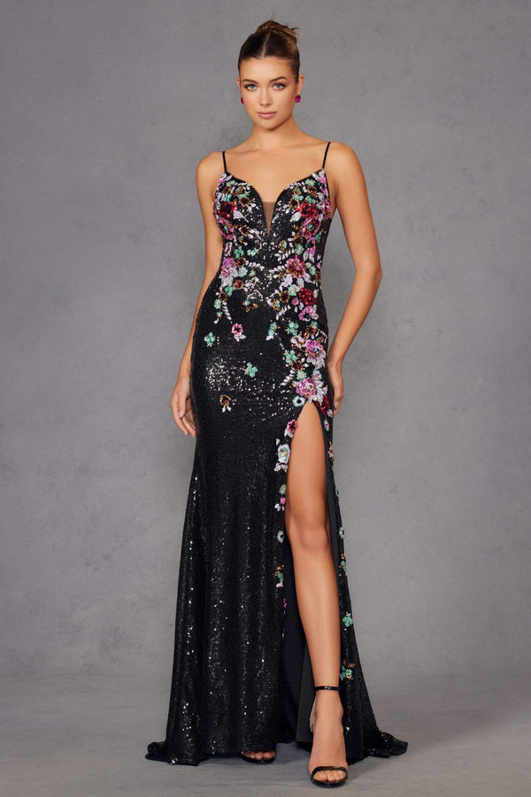 Juliet JT2909K Fitted Floral Embroidery and Sequin Prom Gown - Glamourous Grace