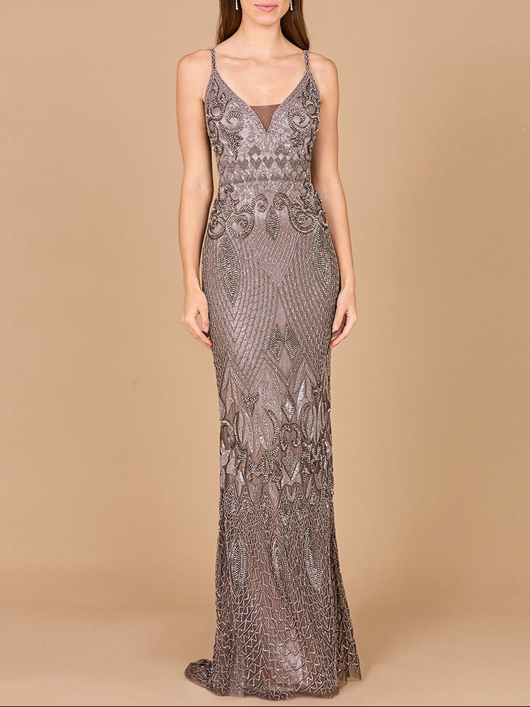 Sleeveless V-Neck Beaded Dress - Glamourous Grace