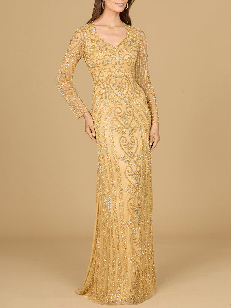 V Neck Beaded Long Sleeve Dress - Glamourous Grace