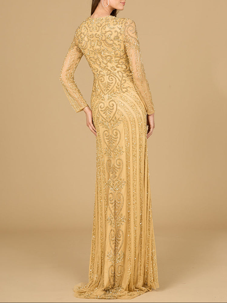 V Neck Beaded Long Sleeve Dress - Glamourous Grace