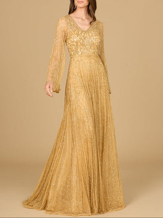 Beaded Long Dress with Flare Sleeves - Glamourous Grace