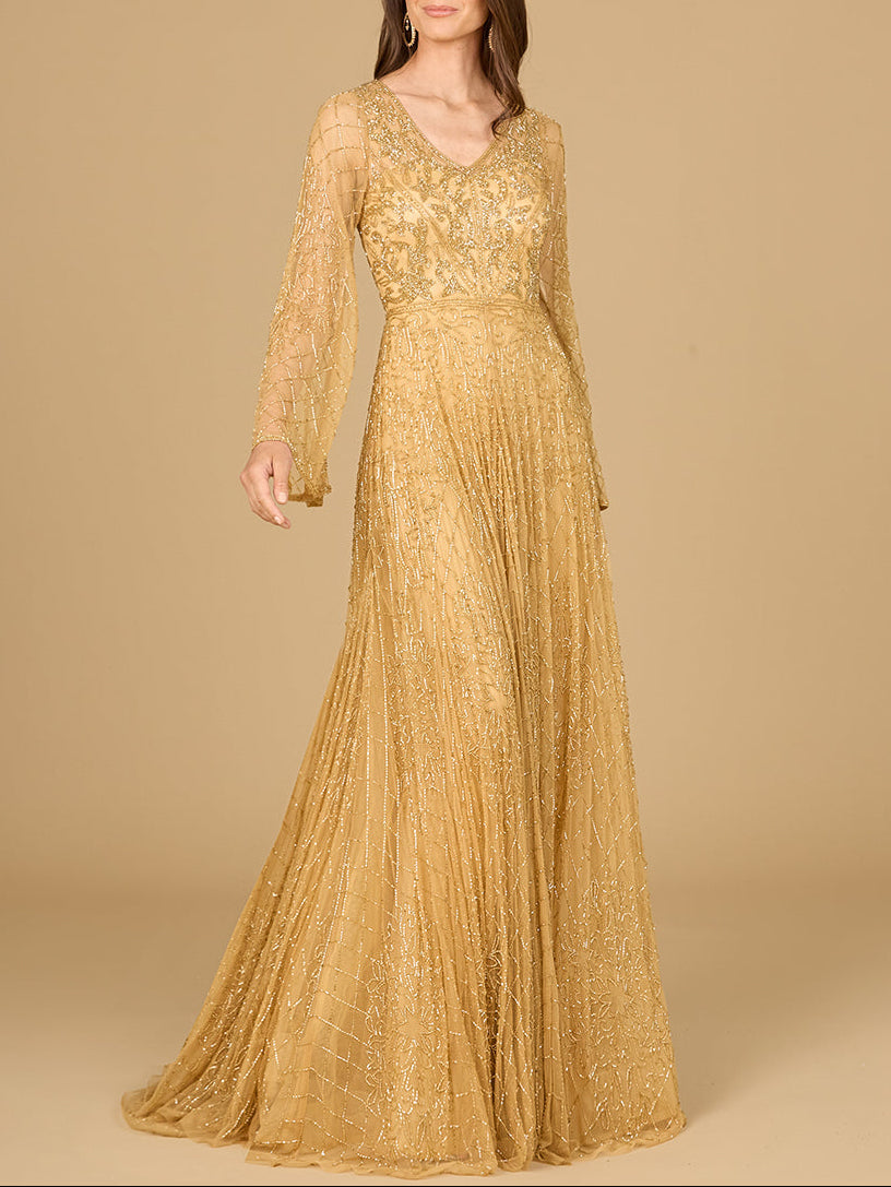 Beaded Long Dress with Flare Sleeves - Glamourous Grace