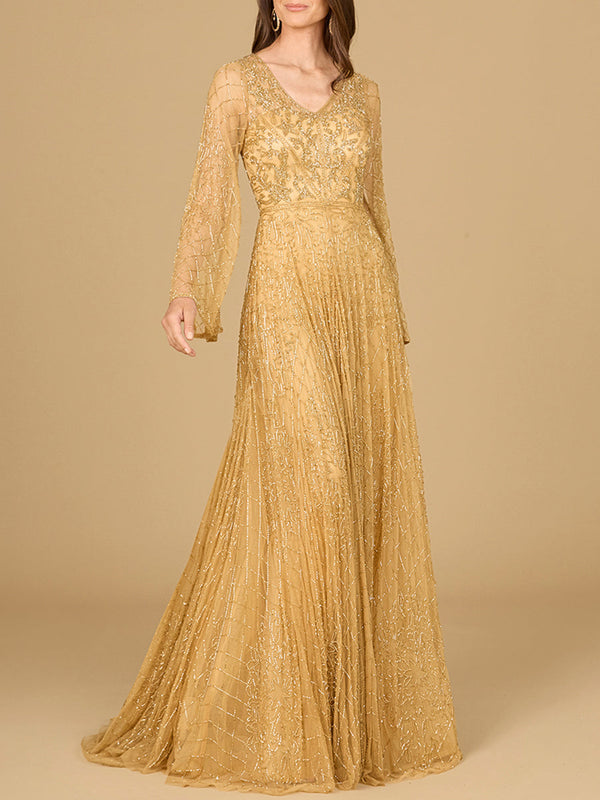 Beaded Long Dress with Flare Sleeves - Glamourous Grace