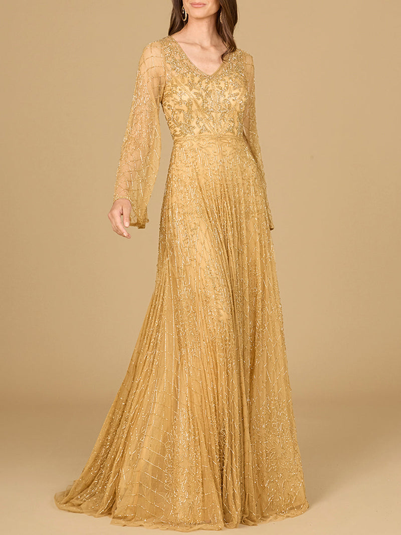 Beaded Long Dress with Flare Sleeves - Glamourous Grace