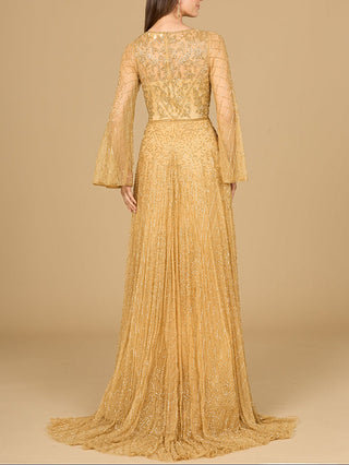 Beaded Long Dress with Flare Sleeves - Glamourous Grace