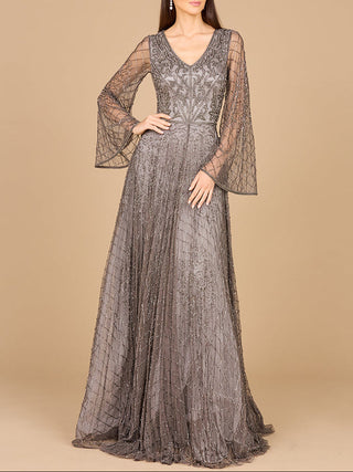 Beaded Long Dress with Flare Sleeves - Glamourous Grace