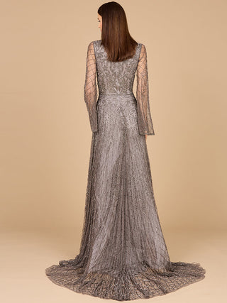 Beaded Long Dress with Flare Sleeves - Glamourous Grace