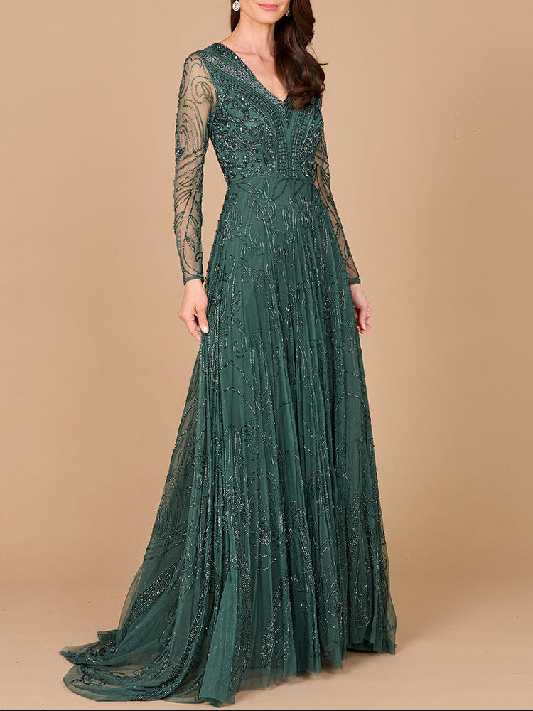 A-line Beaded Dress with Sleeves - Glamourous Grace