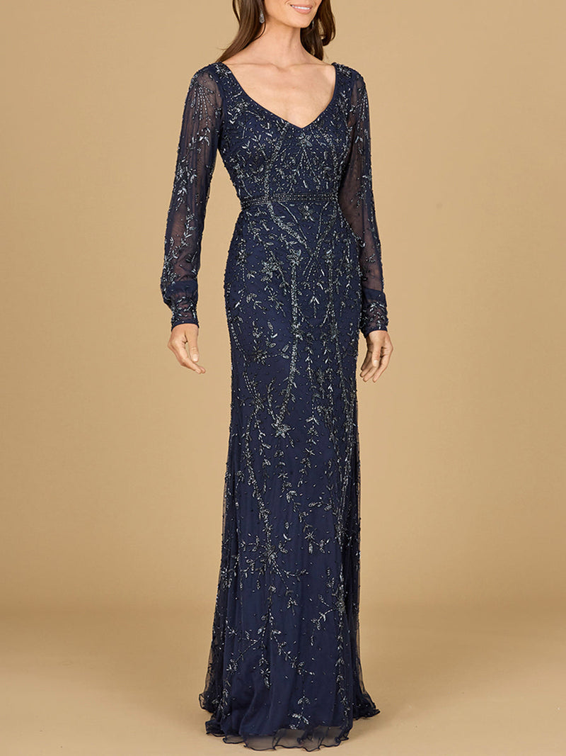 V-Neck Beaded Gown with Sleeves - Glamourous Grace