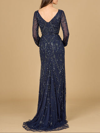 V-Neck Beaded Gown with Sleeves - Glamourous Grace