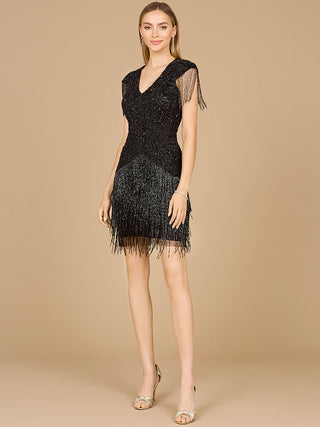 Beaded Fringe Short Dress with Cap Sleeves - Glamourous Grace
